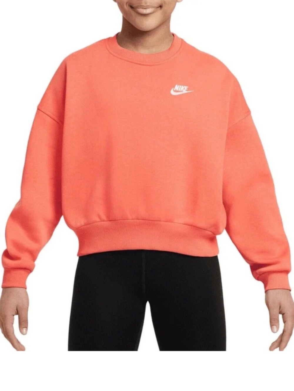Nike Sportswear Club Fleece Girls' Boxy Crew-Neck Sweatshirt in Coral Size XS